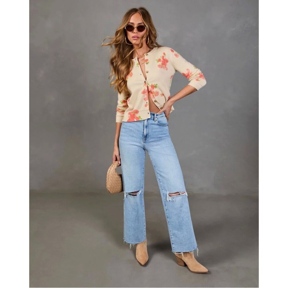 VICI Saddle Rose Knit Floral Cardigan Small Cream Coral Button Front Long Sleeve - Picture 5 of 15